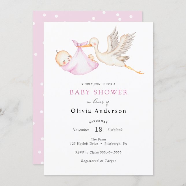 Stork Pink Baby Shower Invitation (Front/Back)