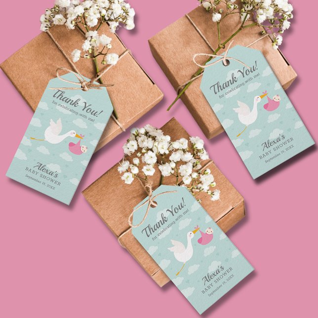 Stork Pink Bundle Girl Baby Shower Favor Gift Tags (Pink bundle stork girl baby shower favor gift tags)