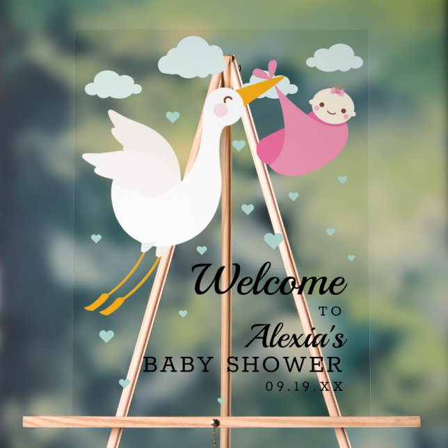 Stork Pink Bundle Girl Baby Shower Welcome Acrylic Sign (Neutral)