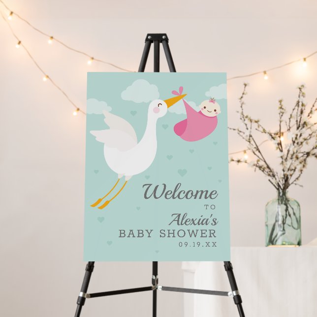 Stork Pink Bundle Girl Baby Shower Welcome Foam Board (In Situ (Stand))