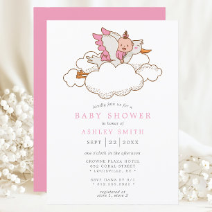 Stork Pink Clouds Bird Modern Girl Baby Shower Invitation