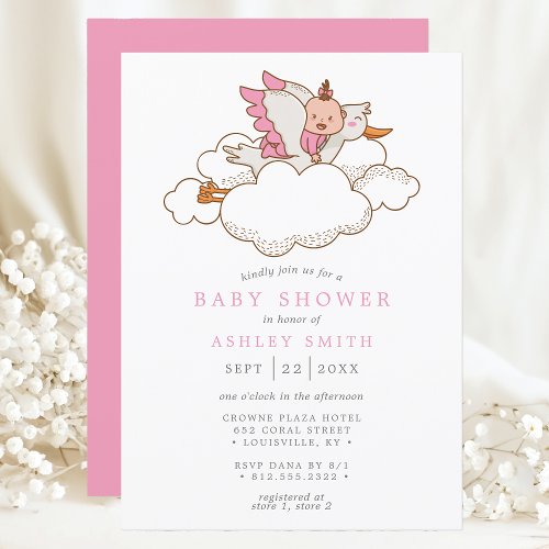 Stork Pink Clouds Bird Modern Girl Baby Shower Invitation