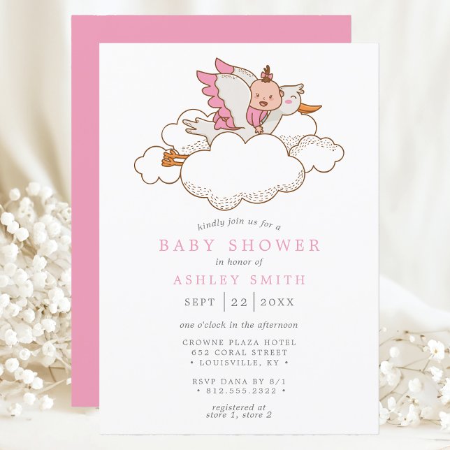 Stork Pink Clouds Bird Modern Girl Baby Shower Invitation (Creator Uploaded)