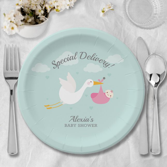 Stork Pink Girl Baby Bundle Baby Shower Paper Plates (Cute stork pink baby bundle girl baby shower paper plates)