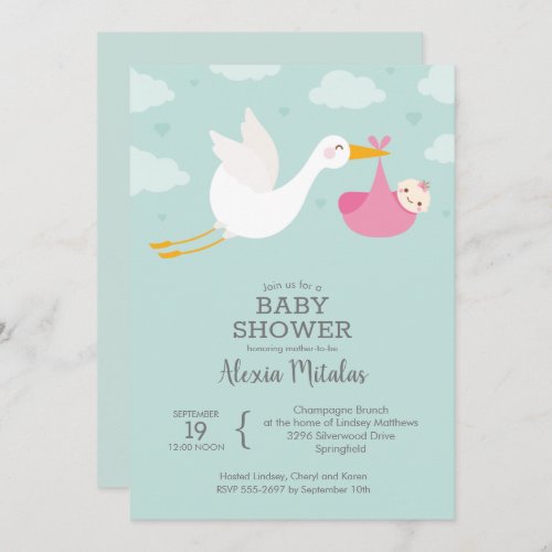 Stork Pink Girl Baby Shower Invitations