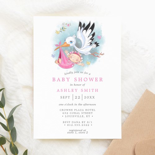 Stork Pink Watercolor Bird Modern Girl Baby Shower Invitation