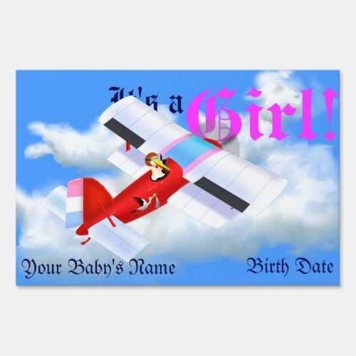 Stork Plane Yard Sign for New Baby Girl
