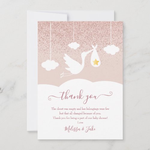 Stork Rose Gold Star Glitter Baby Shower Poem Thank You Card