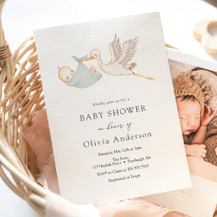 Stork Sage Green Baby Shower Invitation