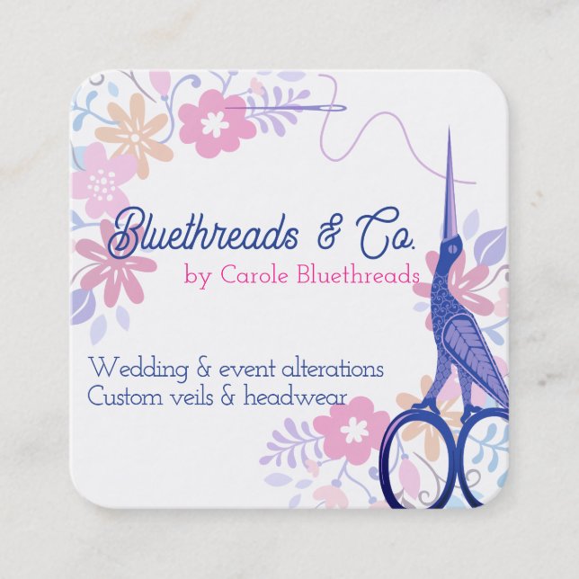 Stork scissors sewing seamstress alterations quilt square business card (Front)