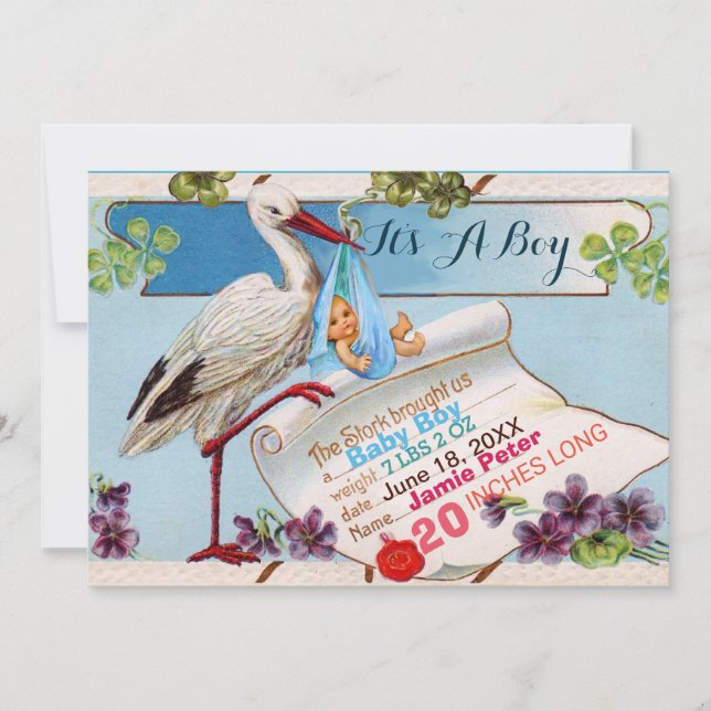 STORK,SHAMROCKS BOY BABY SHOWER BIRTH STATS INVITATION (Front)