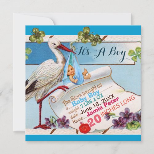 STORKSHAMROCKS BOY BABY SHOWER BIRTH STATS INVITATION