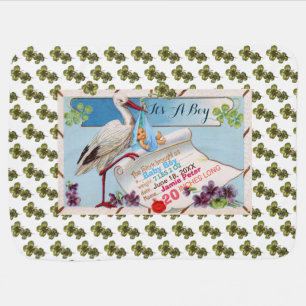 STORK,SHAMROCKS BOY BABY SHOWER BIRTH STATS STROLLER BLANKET