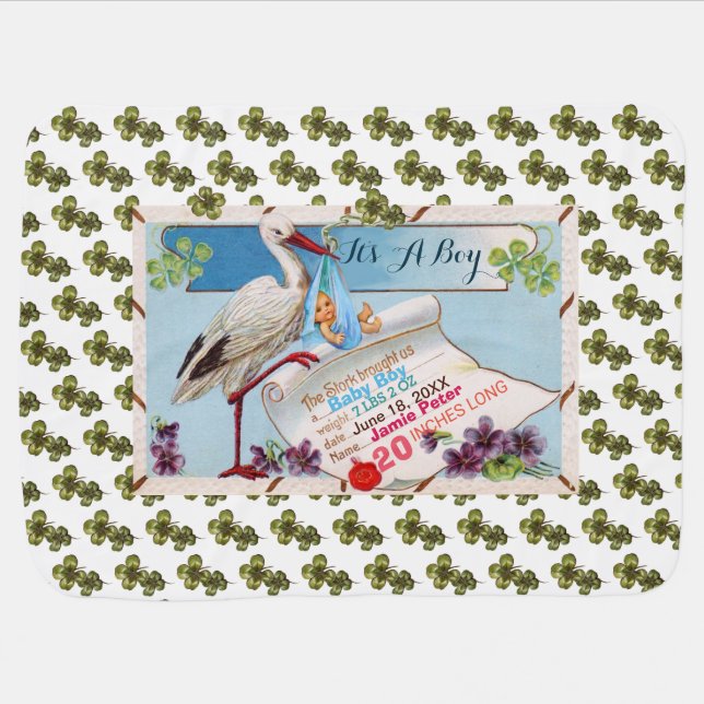STORK,SHAMROCKS BOY BABY SHOWER BIRTH STATS STROLLER BLANKET (Horizontal)