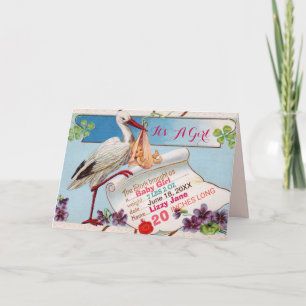 STORK,SHAMROCKS GiRL BABY SHOWER BIRTH STATS Invitation