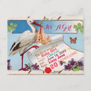 STORK,SHAMROCKS GiRL BABY SHOWER BIRTH STATS Invitation Postcard