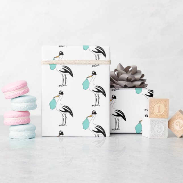 Stork Special Delivery Baby Reveal Party Teal Blue Wrapping Paper (Baby Shower)