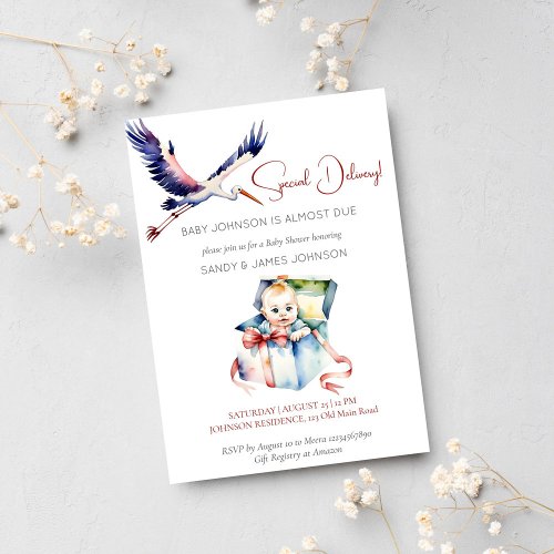 Stork special delivery funny baby shower invitation