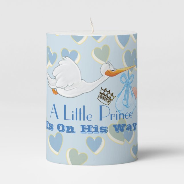 Stork Theme Boy Baby Shower Favor Pillar Candle (Front)