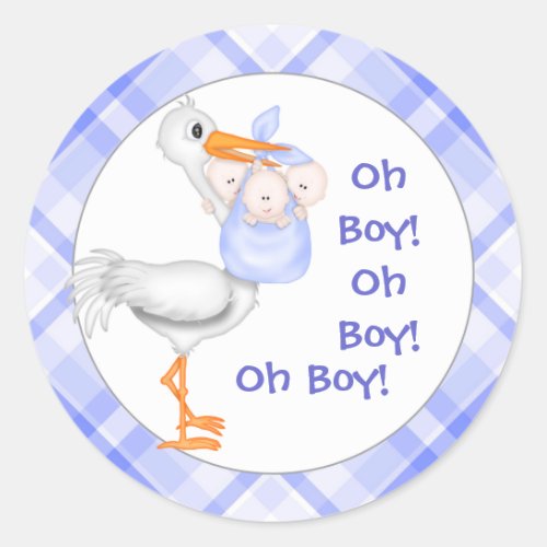 Stork  Triplet Boys Baby Announcement Classic Round Sticker