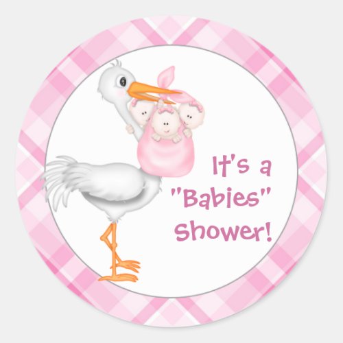 Stork  Triplet Girls Baby Shower Classic Round Sticker
