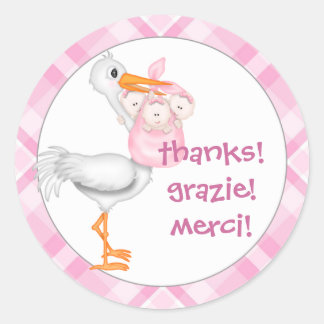 Stork & Triplet Girls Thank You Classic Round Sticker