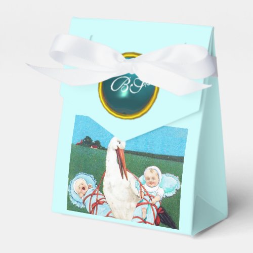 STORK TWIN BABY BOY SHOWER BLUE GEM STONE MONOGRAM FAVOR BOXES