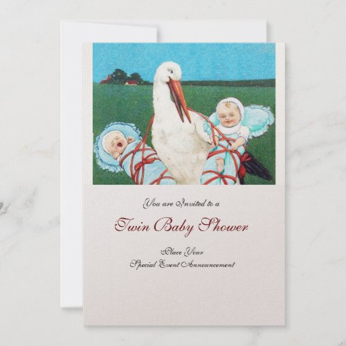 STORK TWIN BABY BOY SHOWER  champagne metallic Invitation