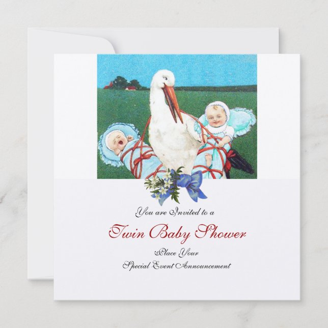 STORK TWIN BABY BOY SHOWER , champagne metallic Invitation (Front)