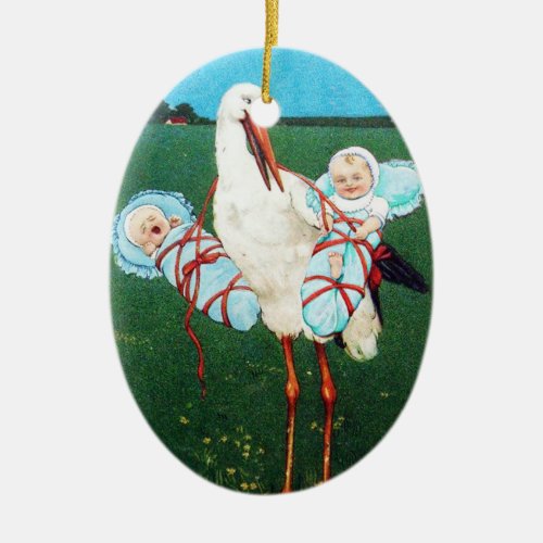 STORK TWIN BABY BOY SHOWERteal blue Ceramic Ornament