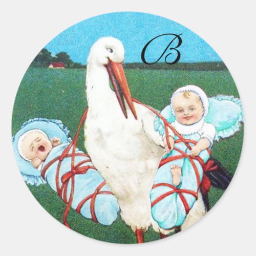 STORK TWIN BABY BOY SHOWERteal blue Classic Round Sticker