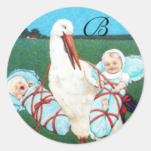 STORK TWIN BABY BOY SHOWER,teal blue Classic Round Sticker