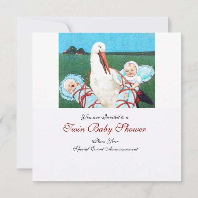 STORK TWIN BABY BOY SHOWER,teal blue Invitation (Front)