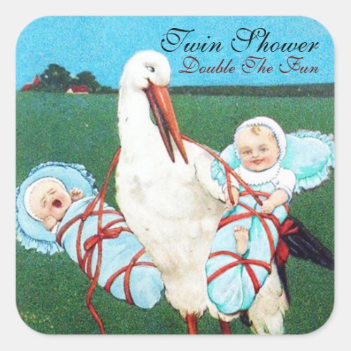 STORK TWIN BABY BOY SHOWERteal blue Square Sticker