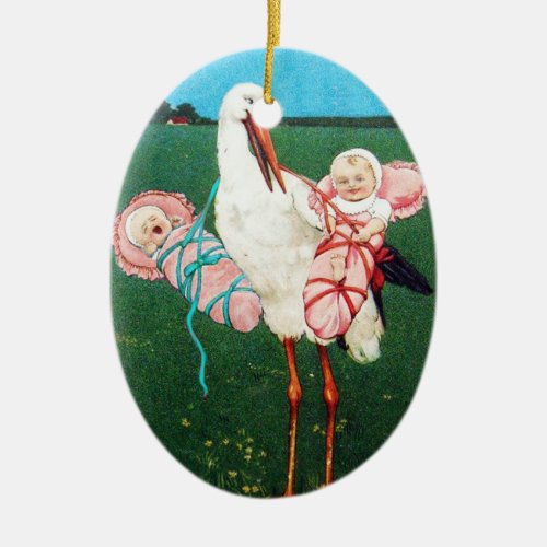 STORK TWIN BABY GIRL SHOWER CERAMIC ORNAMENT