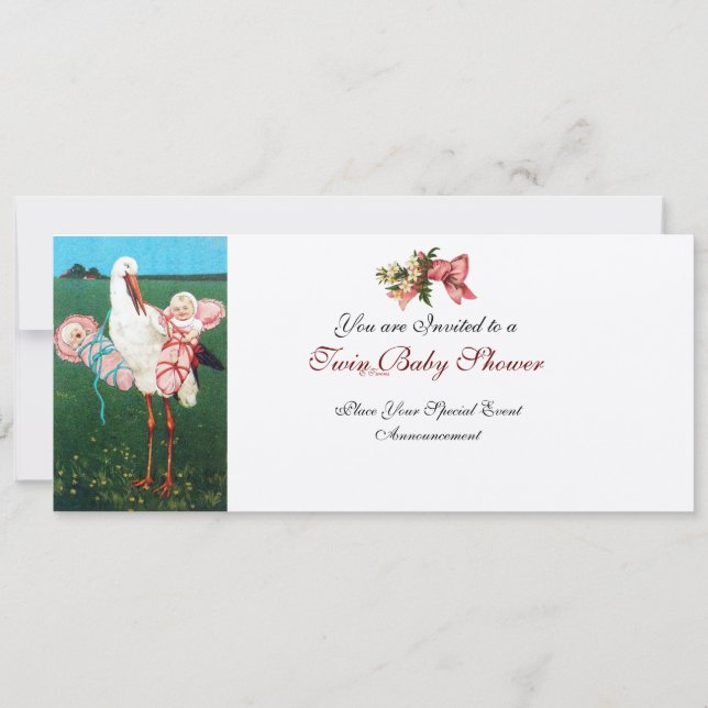 STORK TWIN BABY GIRL SHOWER Champagne Metallic Invitation (Front)