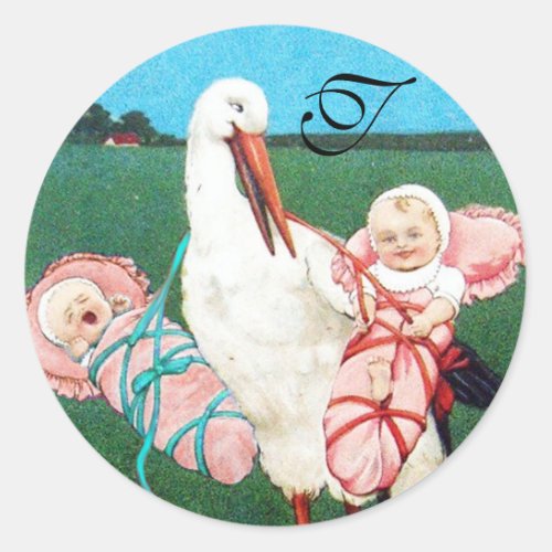 STORK TWIN BABY GIRL SHOWER MONOGRAM CLASSIC ROUND STICKER