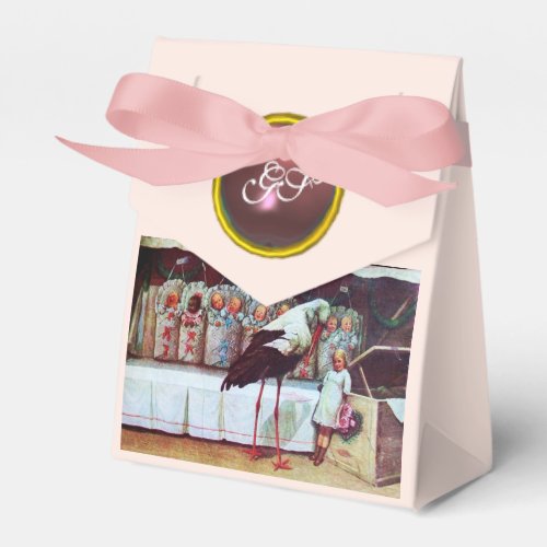 STORK TWIN BABY GIRL SHOWER PINK GEM MONOGRAM FAVOR BOXES