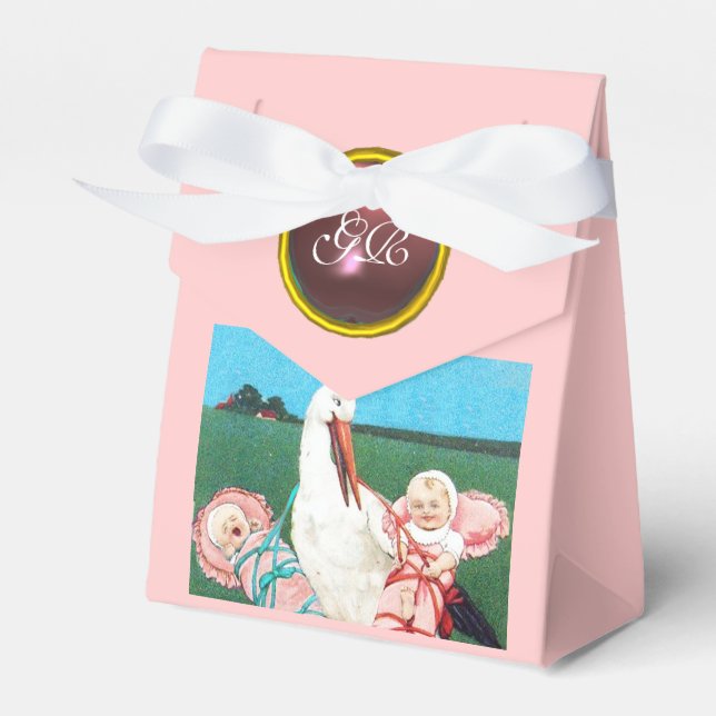 STORK TWIN BABY GIRL SHOWER PINK GEM MONOGRAM FAVOR BOXES (Front Side)