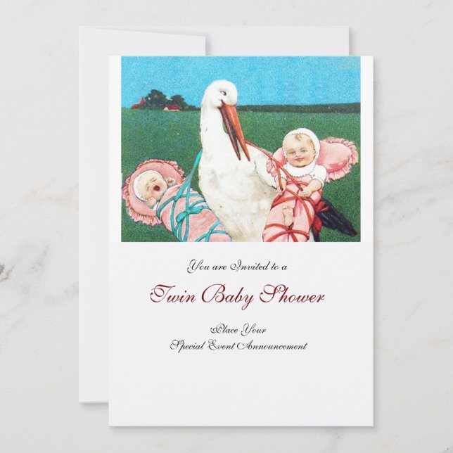 STORK TWIN BABY GIRL SHOWER Pink White Invitation (Front)