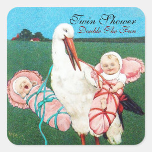 STORK TWIN BABY GIRL SHOWER SQUARE STICKER