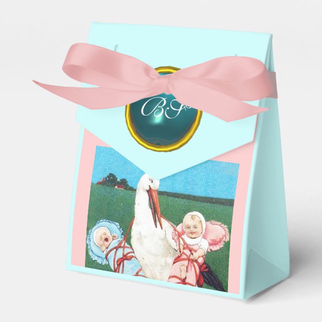STORK TWIN BABY SHOWER BLUE GEM STONE MONOGRAM FAVOR BOXES (Front Side)