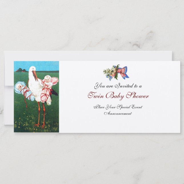 STORK TWIN BABY SHOWER , champagne metallic Invitation (Front)