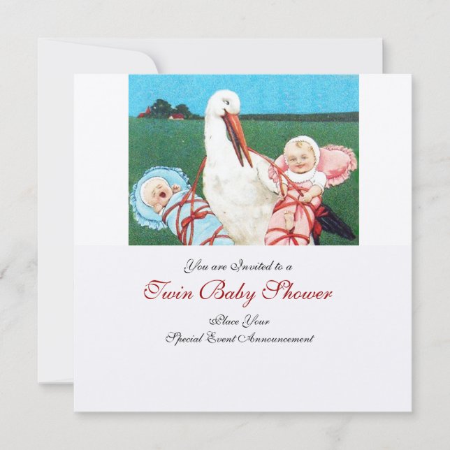 STORK TWIN BABY SHOWER , champagne metallic Invitation (Front)