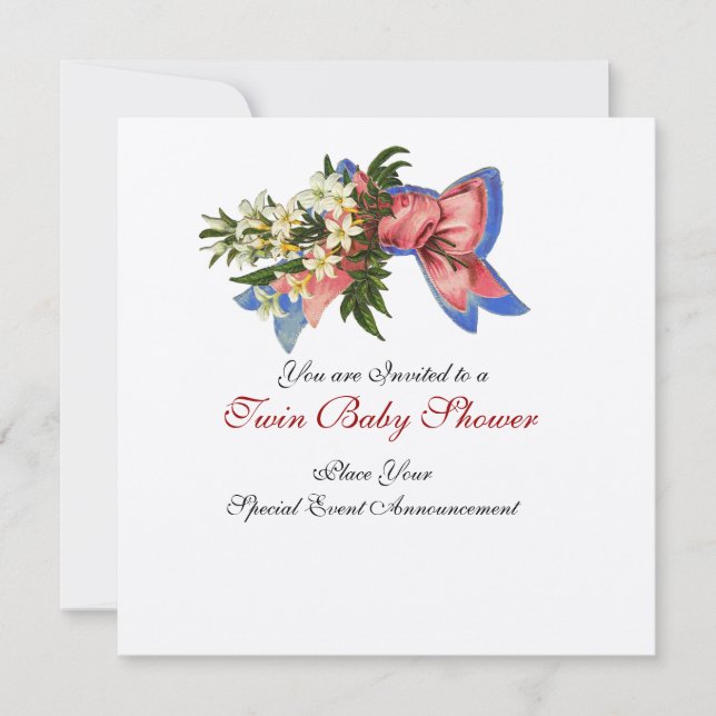 STORK TWIN BABY SHOWER , champagne metallic Invitation (Front)