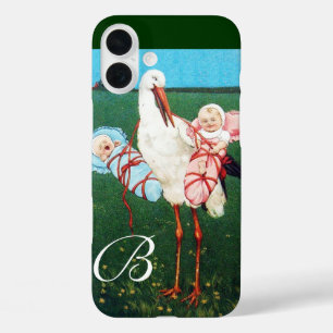 STORK TWIN BABY SHOWER MONOGRAM iPhone 16 PLUS CASE