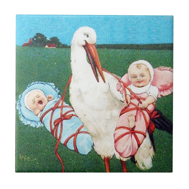 STORK TWIN BABY SHOWER MONOGRAM CERAMIC TILE (Front)