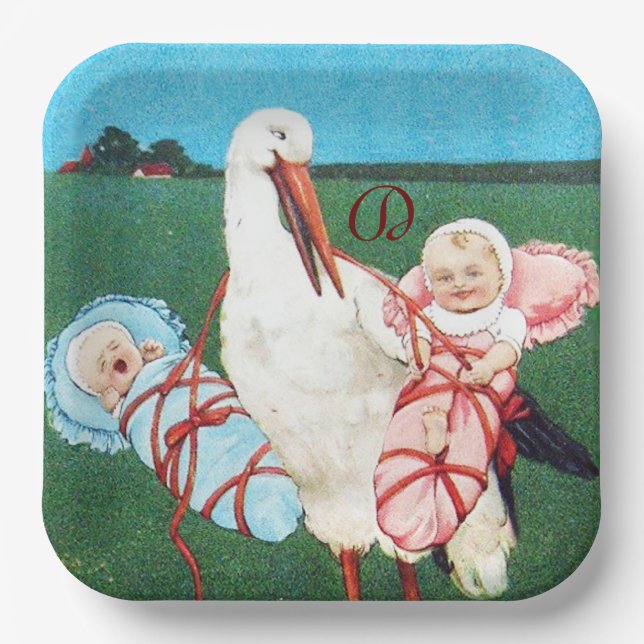 STORK TWIN BABY SHOWER MONOGRAM PAPER PLATES (Front)