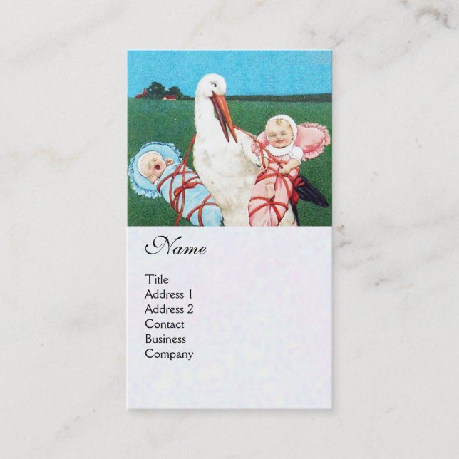 STORK TWIN BABY SHOWER MONOGRAM, white pearl paper Business Card (Front)