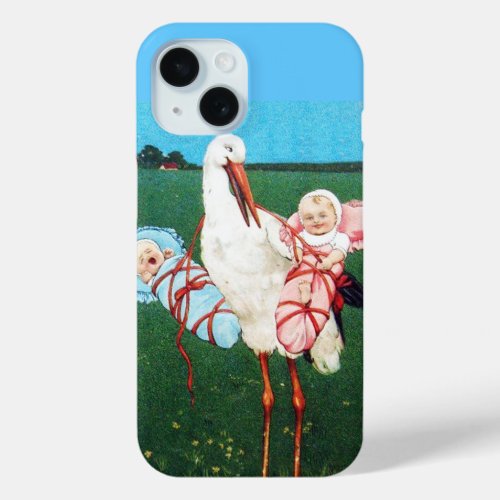 STORK TWIN BABY SHOWER Pink Teal Blue iPhone 15 Case
